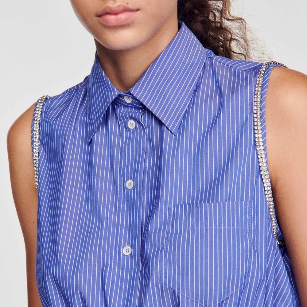 Sandro Navy Striped Button-Down Sleeveless Shirt